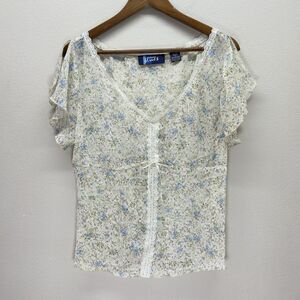 Y2K Coquette Babydoll Top Size XL Dainty Fairy Floral Lace Bow Flutter Sleeve